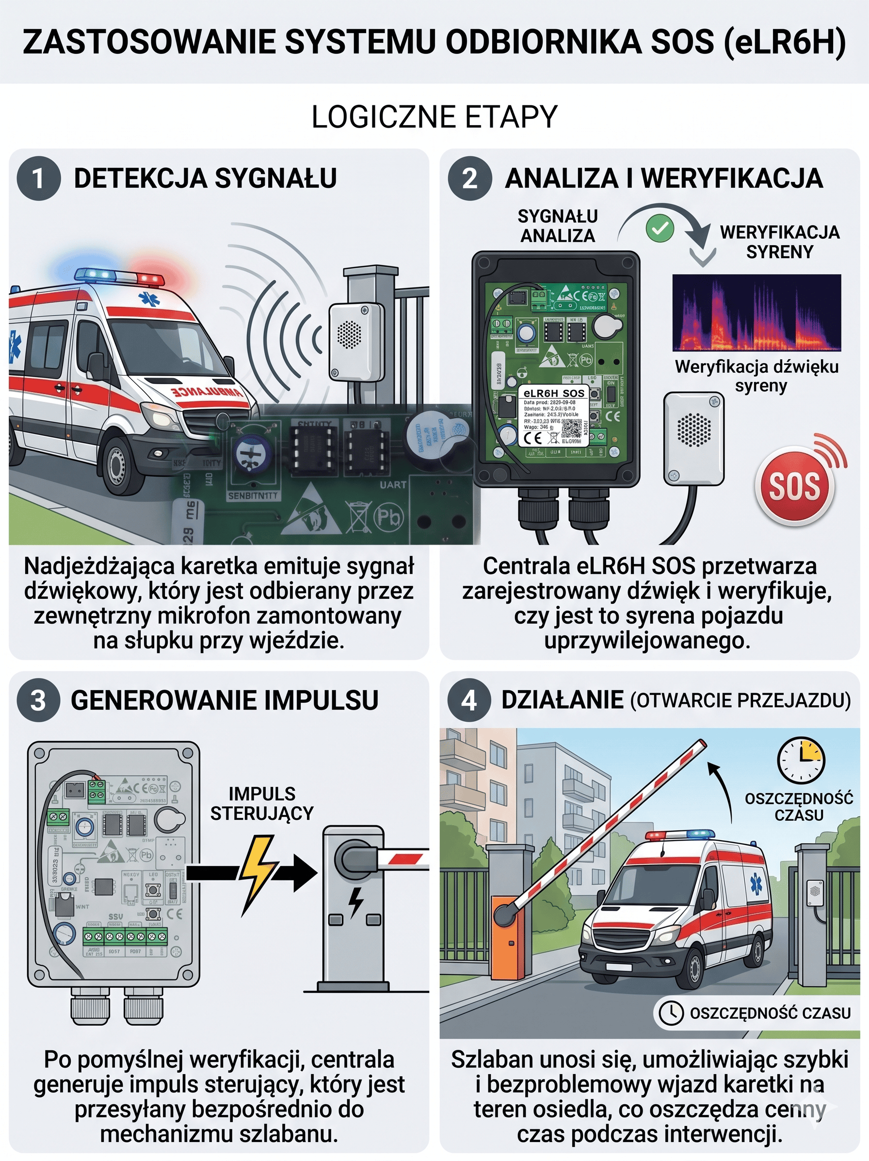 Schemat działania eLR6H SOS – automatyczne otwieranie szlabanu na sygnał karetki